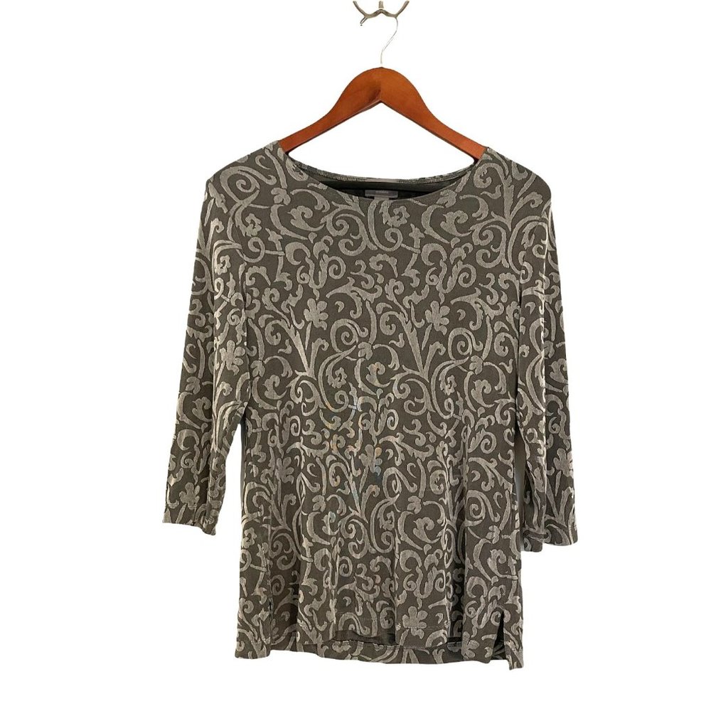Chico’s Travelers Gray Paisley 3/4 Sleeve Tunic Top Sz Medium